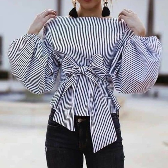 MAX Jeans Black & White Striped Blouse - Picture 2 of 14